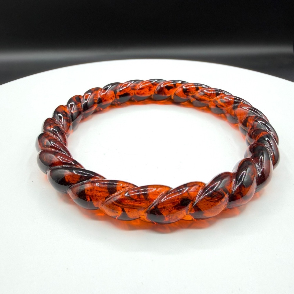 Carved Amber Tone Tortoiseshell Lucite Twist Bangle Bracelet Boho Statement Gift